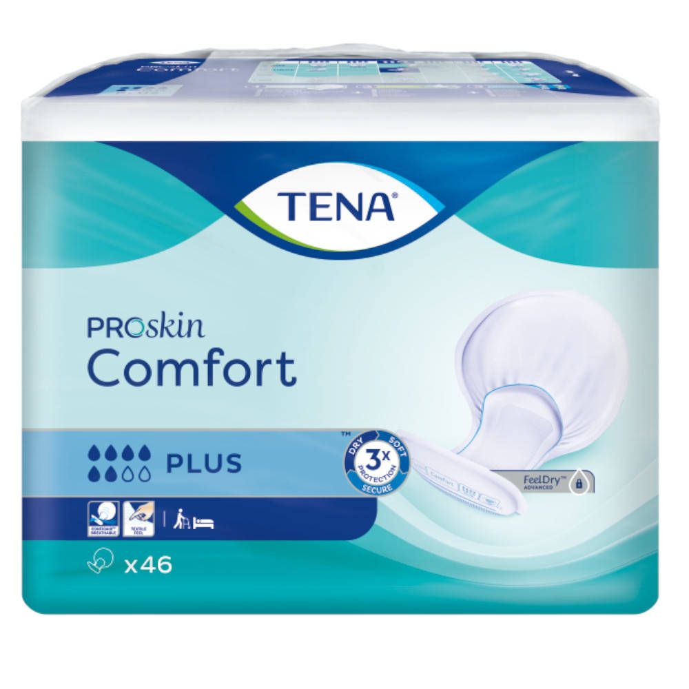 Verpackung TENA Proskin Comfort Plus. Produktabbildung, 3X Schutz, und Feuchtigkeitssymbol. 46 Stück.
