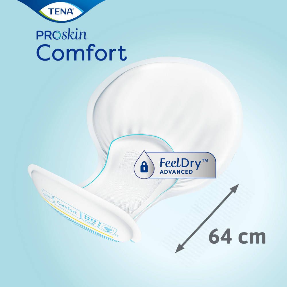 TENA Proskin Comfort. Produkt mit FeelDry Advanced. Längenangabe: 64 cm. Blau-weißer Hintergrund.