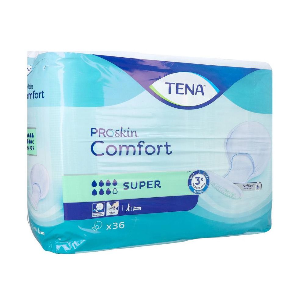 Paquet de TENA Comfort Super. Design bleu et blanc avec nom du produit et indication d'absorption. Contient 36 unités.