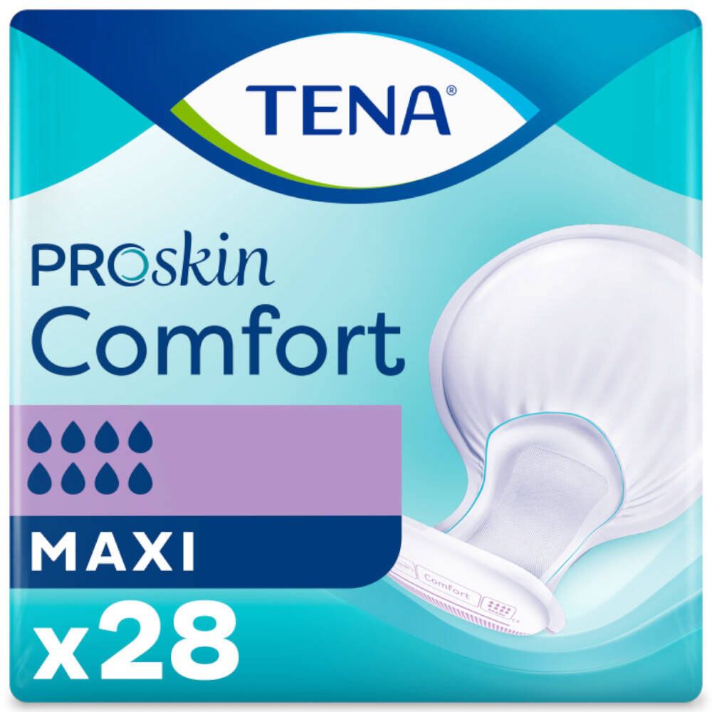 Paquet de protections TENA ProSkin Comfort Maxi. Protections à côté du paquet. "MAXI x28" est écrit sur le paquet.