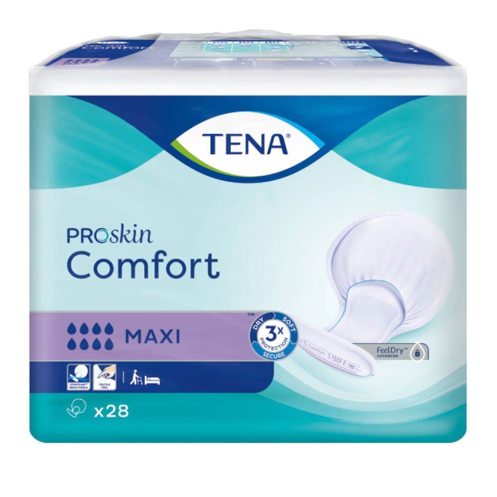 Paquet de protections TENA ProSkin Comfort Maxi. Une protection à côté du paquet. "MAXI x28" est écrit sur le paquet.