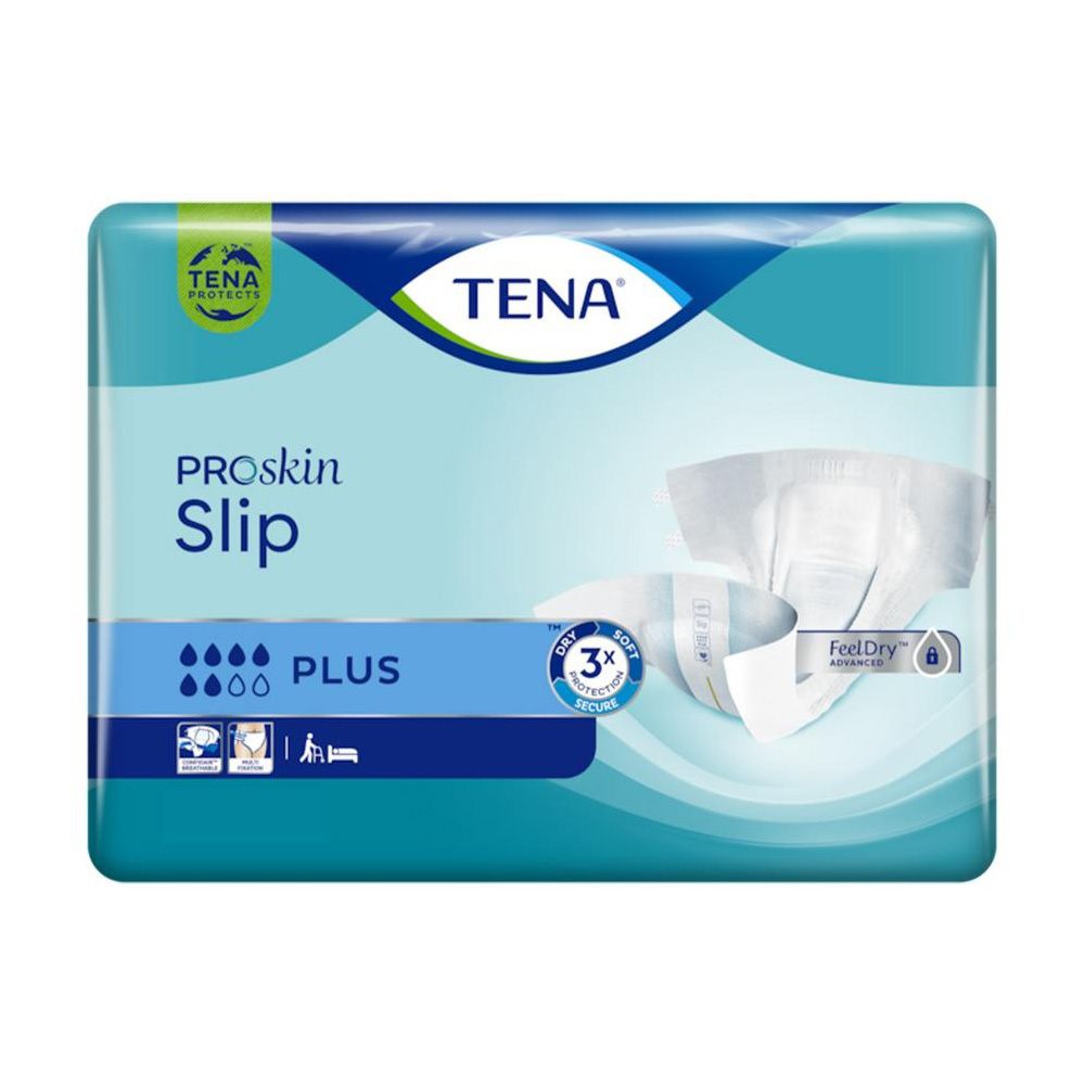 Verpakking van TENA ProSkin Slip Plus. Blauw-wit ontwerp met productnaam en logo. Toont een geopend product.