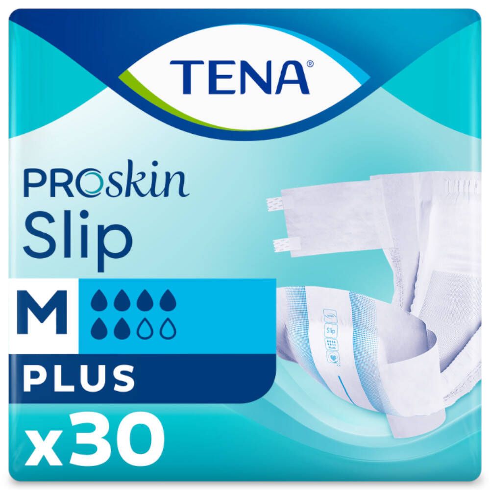 Paquet de TENA ProSkin Slip M Plus x30. Emballage bleu avec image du produit et indication de taille.