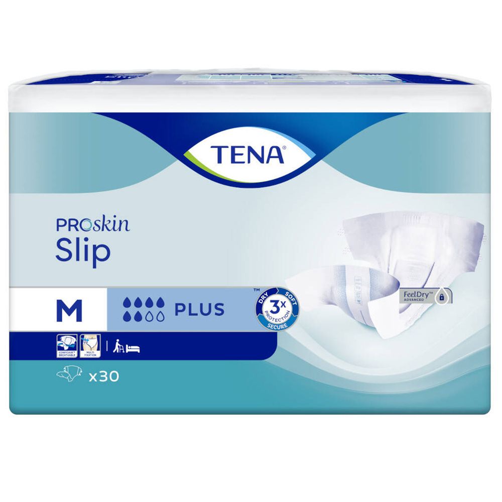 Paquet de TENA ProSkin Slip M Plus x30. Image du produit sur l'emballage. Taille M.