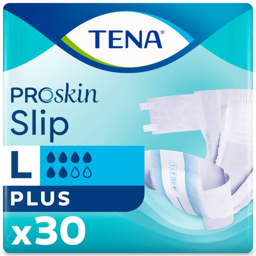 Verpakking van TENA ProSkin Slip L Plus. Bevat 30 stuks. Product gedeeltelijk zichtbaar.