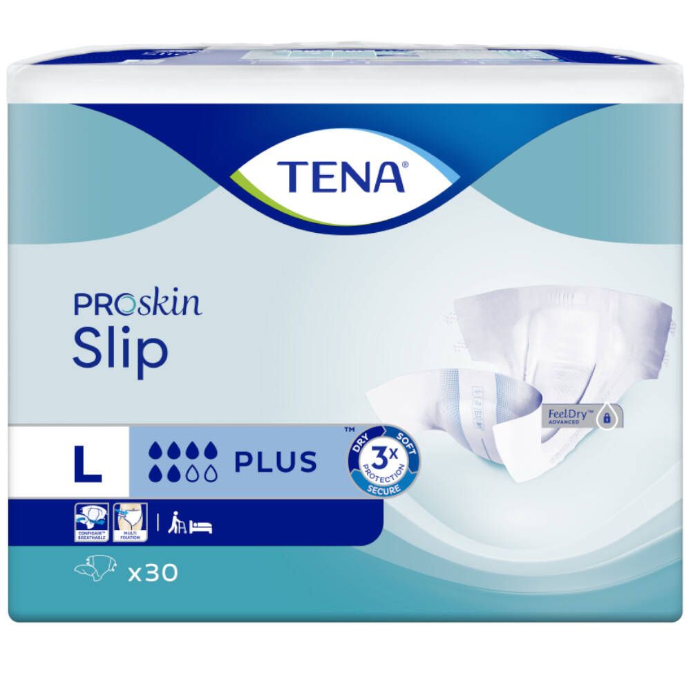 Verpakking van TENA ProSkin Slip L Plus. Product gedeeltelijk zichtbaar, met FeDry-logo.