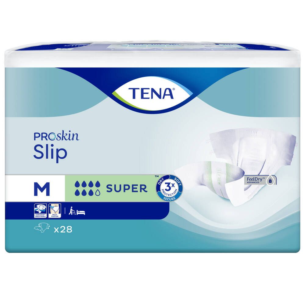 Paquet de TENA ProSkin Slip Super, taille M, x28. Produit et caractéristiques clairement visibles sur l'emballage.