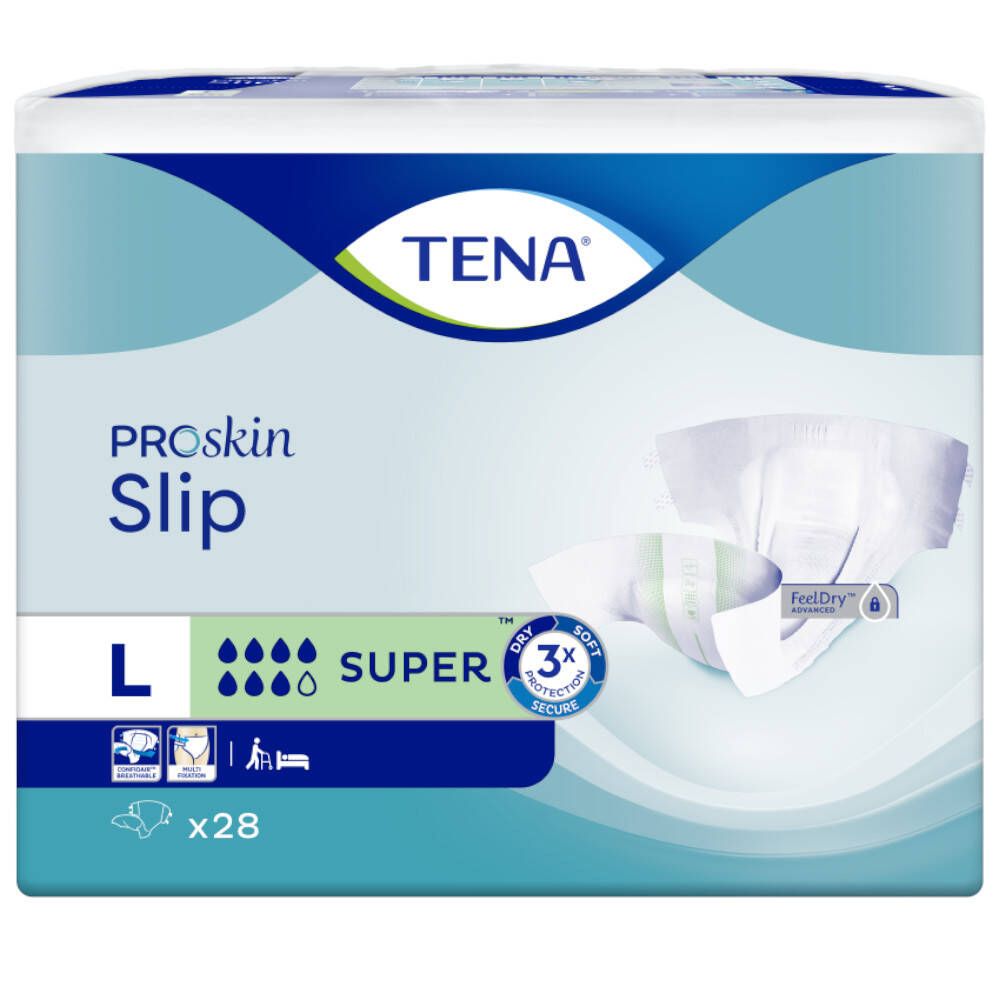 Paquet de TENA ProSkin Slip L Super x28. Emballage avec produits d'incontinence. Nom, taille et quantité visibles.