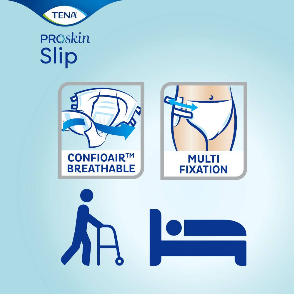 Illustrations des fonctions TENA ProSkin Slip : respirabilité, fixation multiple, pictogrammes d'utilisation.
