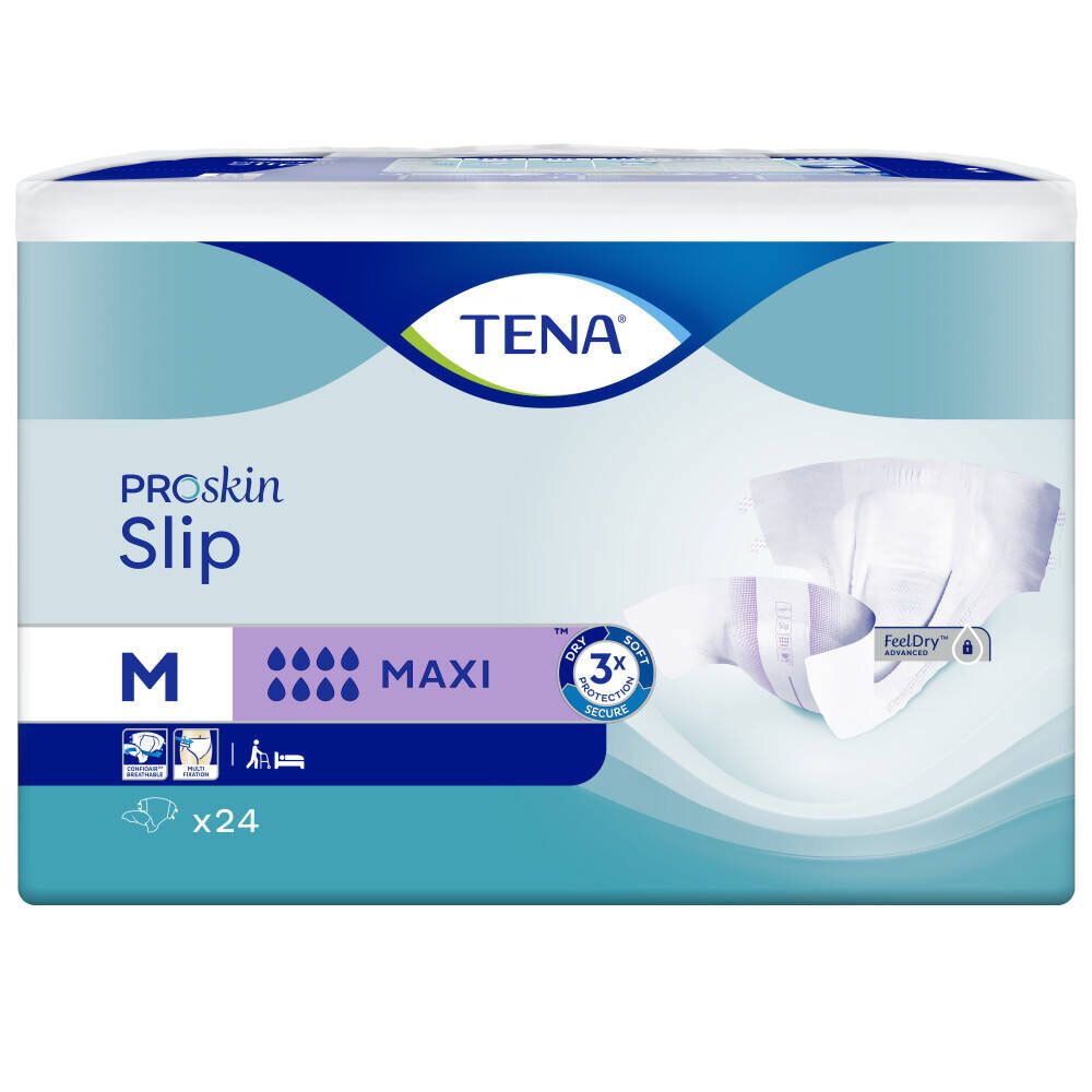 TENA ProSkin Slip Maxi M, paquet de 24. Taille M, avec caractéristiques et logo du produit.