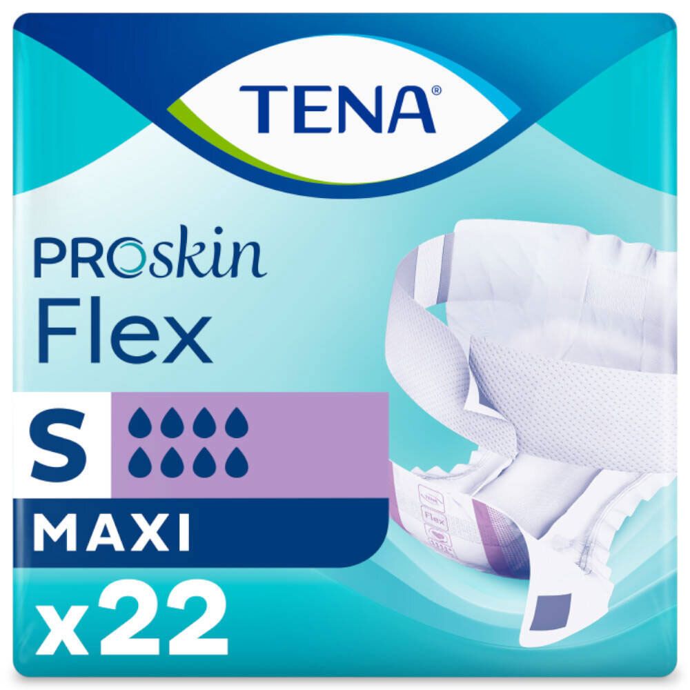 TENA ProSkin Flex S Maxi, paquet de 22. Produit absorbant. Marque et nom du produit clairement visibles.
