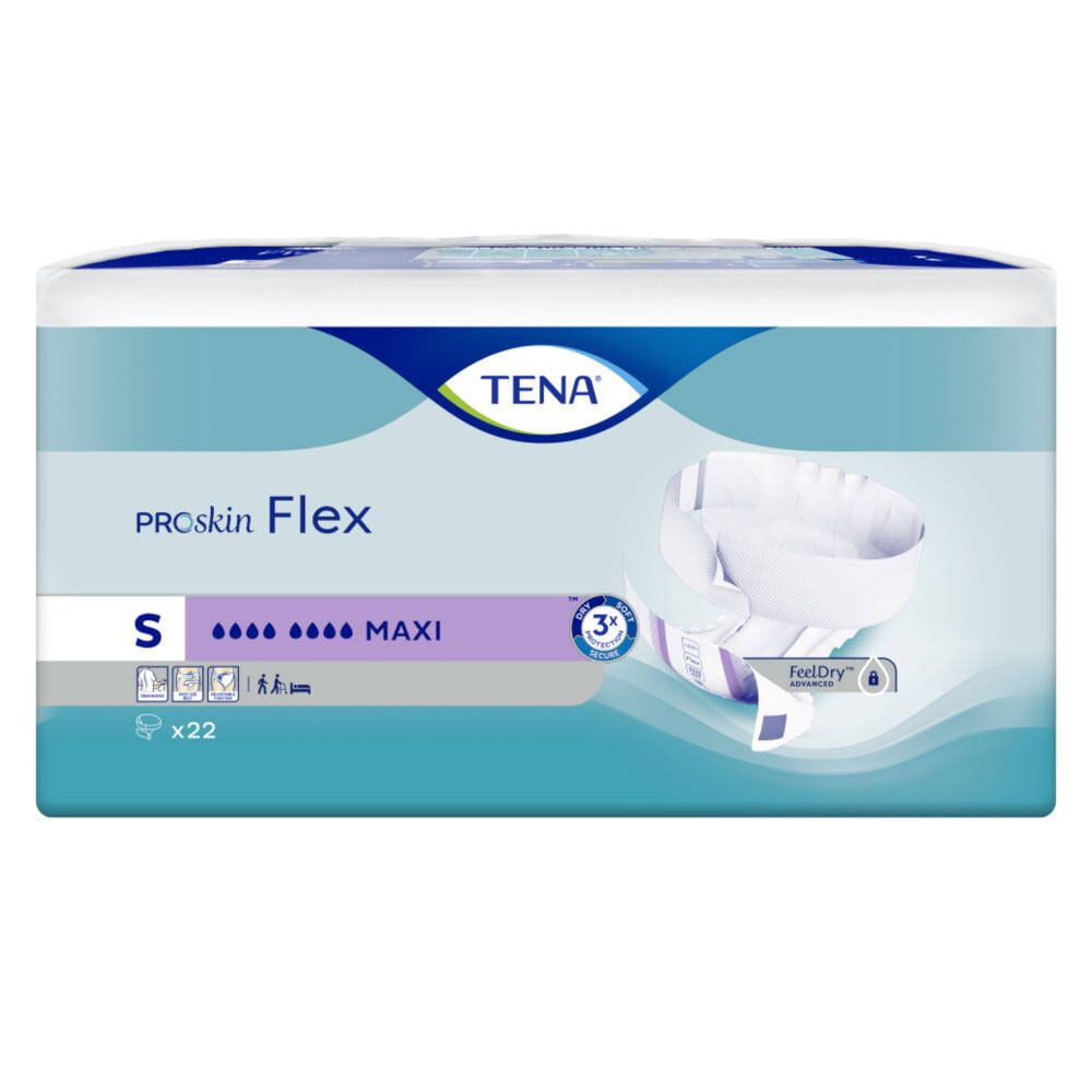 TENA ProSkin Flex S Maxi, paquet de 22. Produit absorbant. Marque et nom du produit clairement visibles.