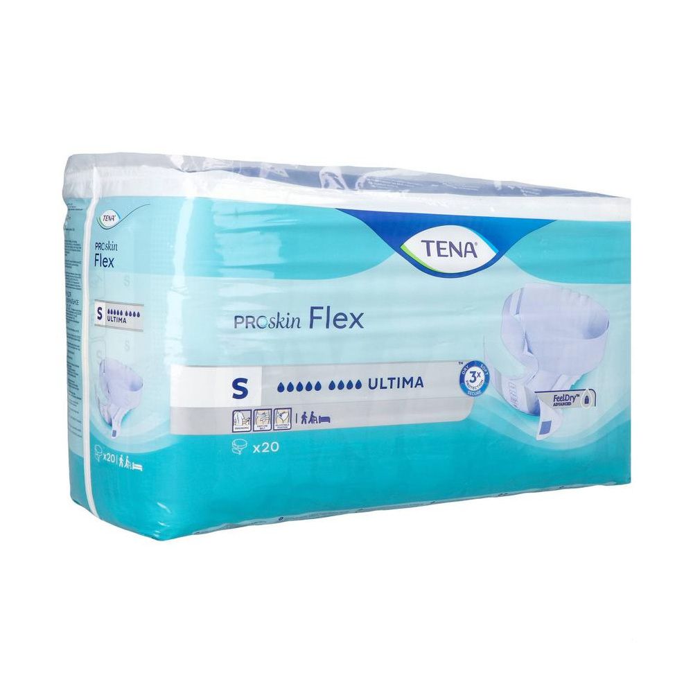 Paquet de TENA ProSkin Flex Ultima Small. Bleu et blanc. Taille S. 20 unités. Marque et nom du produit clairement visibles.