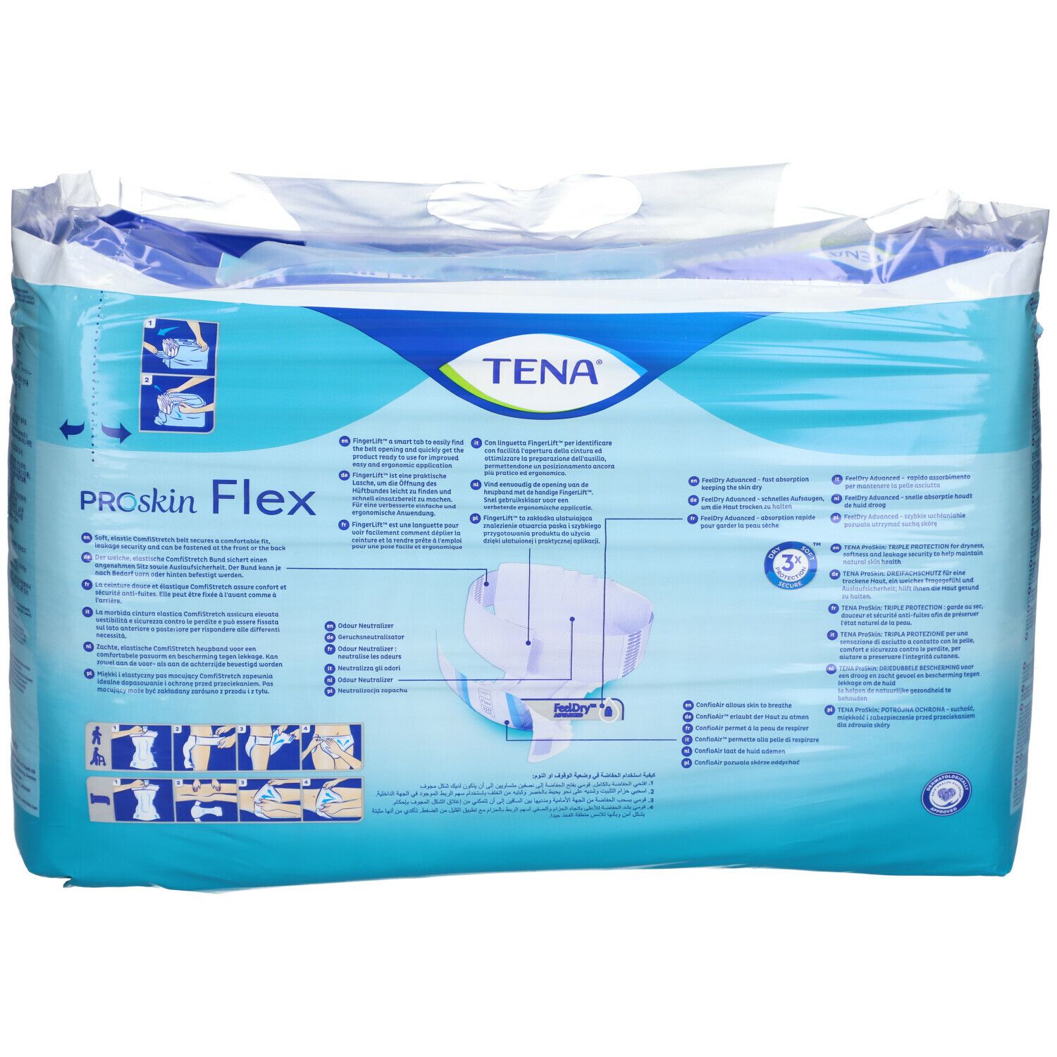 Dos du paquet TENA ProSkin Flex Plus Medium. Emballage bleu avec illustrations et texte. Marque TENA.