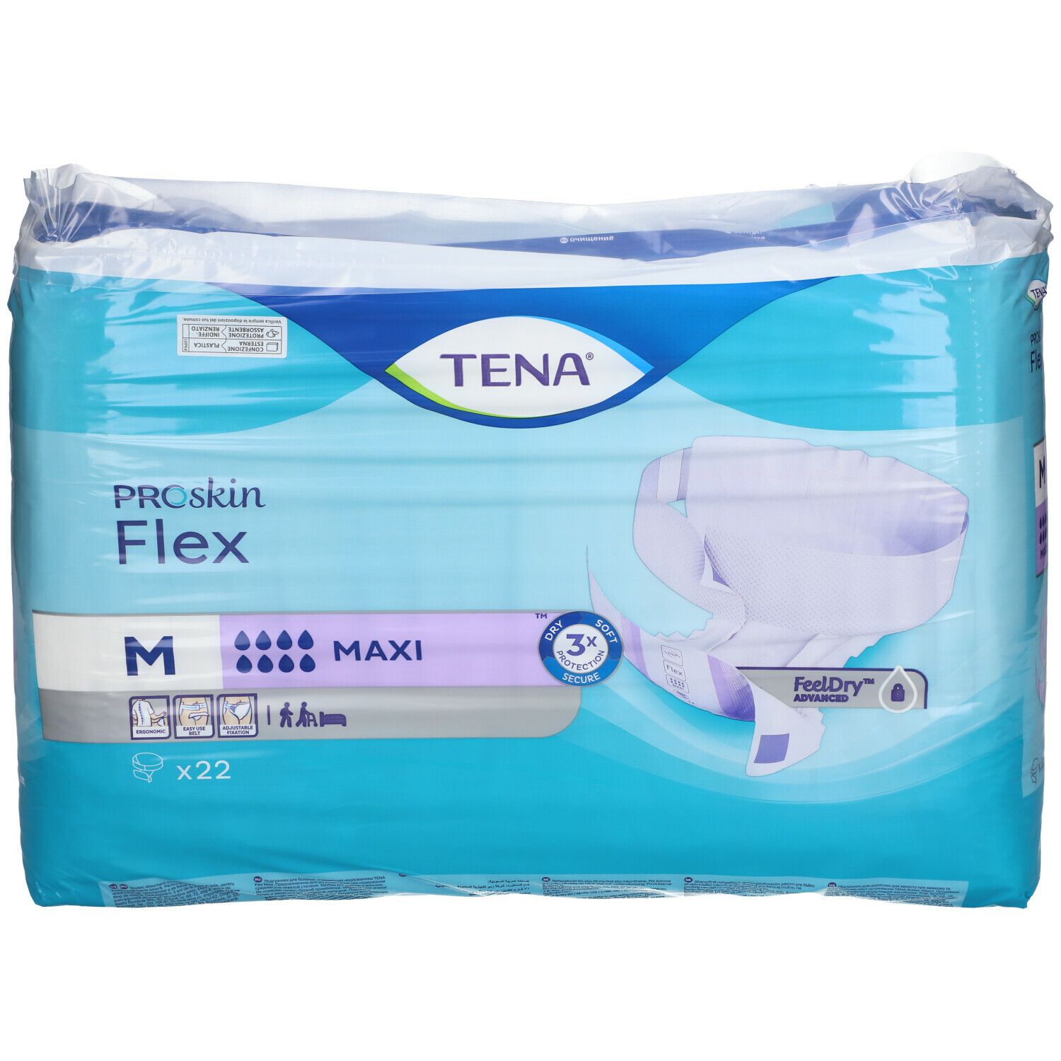 Verpackung TENA Flex Maxi M. Blau-weiß, mit Produktabbildung. Größe M, 22 Stück. ProSkin Flex.