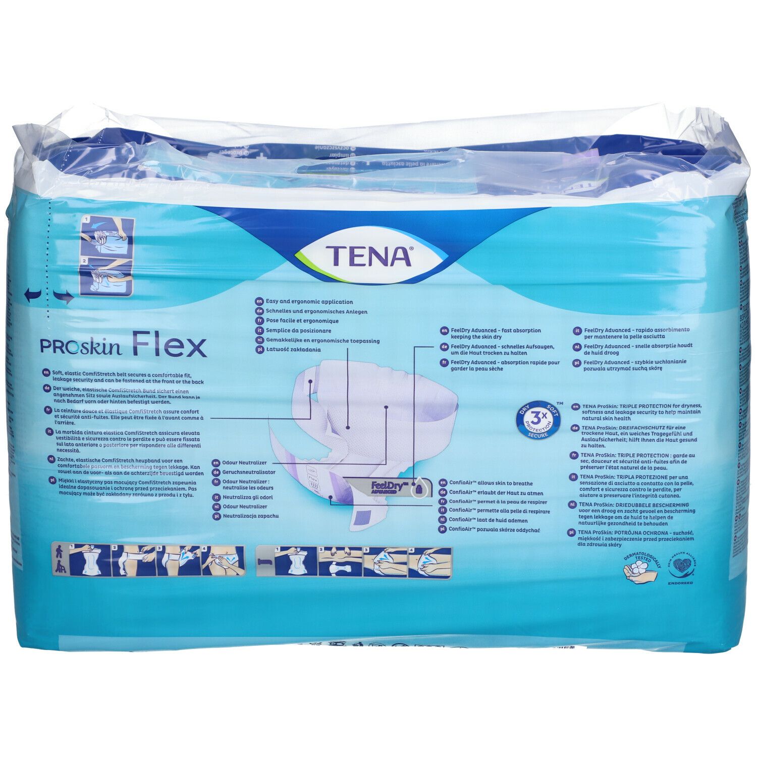 Rückseite der Verpackung TENA Flex Maxi M. Blau-weiß, mit Produktabbildung und Text. Größe M.
