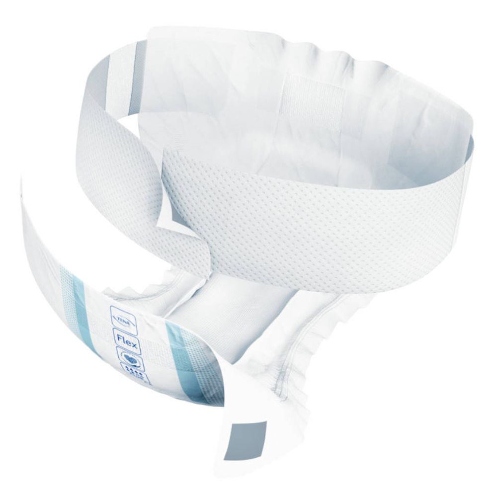 Offener TENA ProSkin Flex Plus. Weiß mit blauen Akzenten. Sichtbare Befestigungselemente.