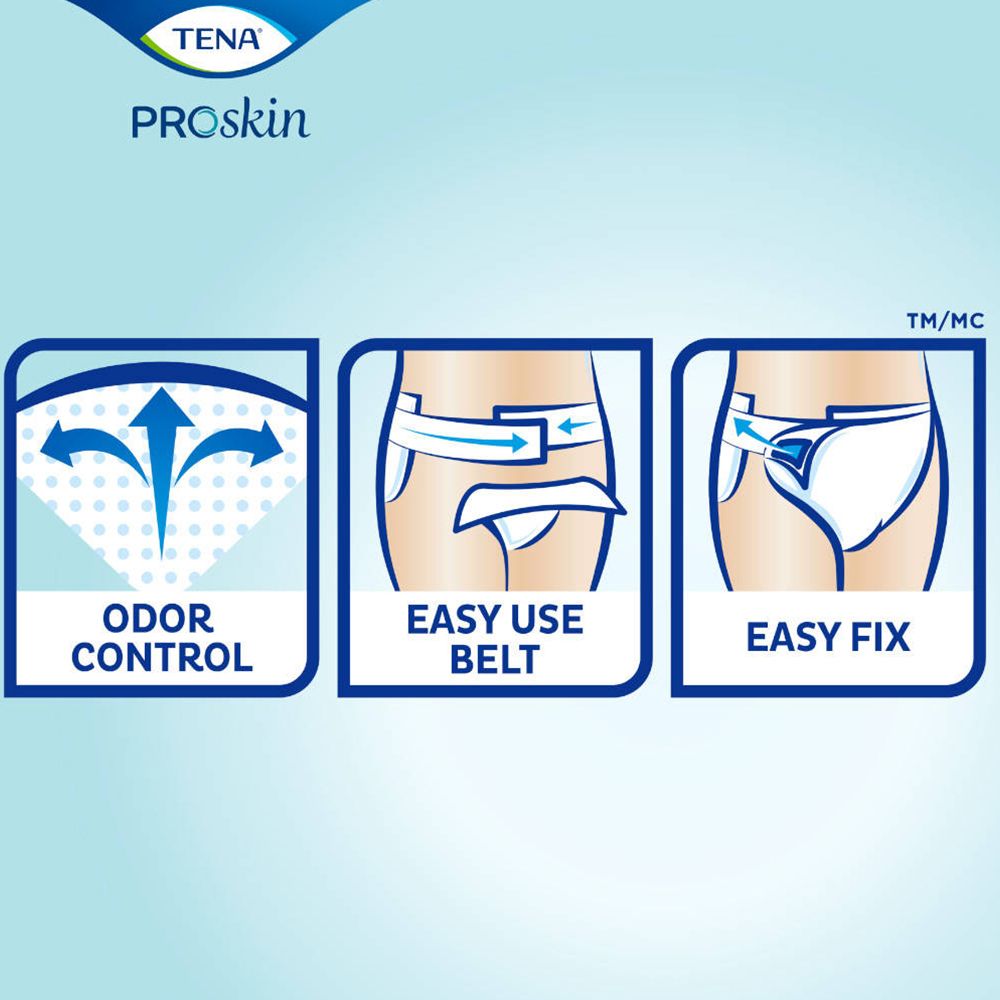 Grafiken zu TENA ProSkin Flex: Geruchskontrolle, einfacher Gürtel, einfache Fixierung.