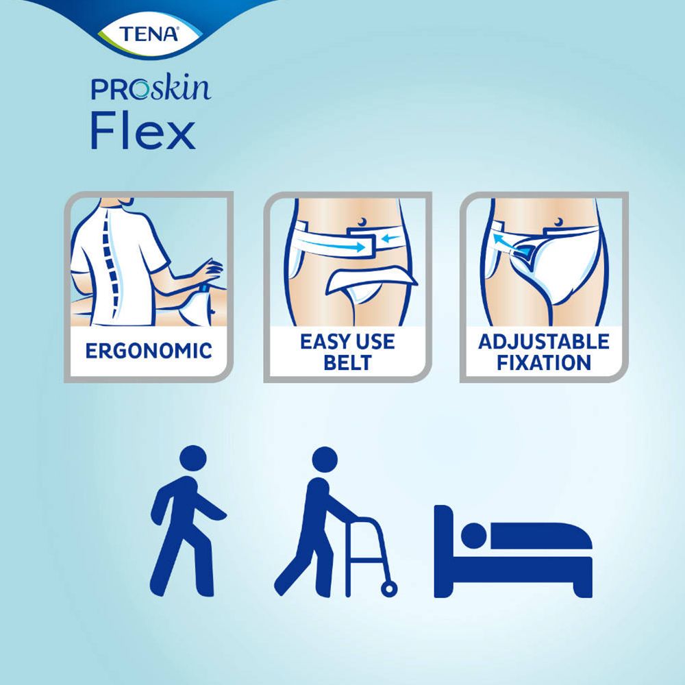 Grafiken zu TENA ProSkin Flex: Ergonomisch, einfacher Gürtel, verstellbare Fixierung.