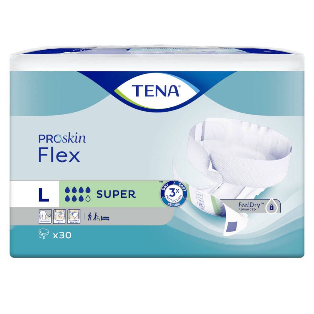 Paquet de TENA ProSkin Flex L. Nom du produit, taille L et absorption Super. Contient 30 pièces. Produit partiellement visible.