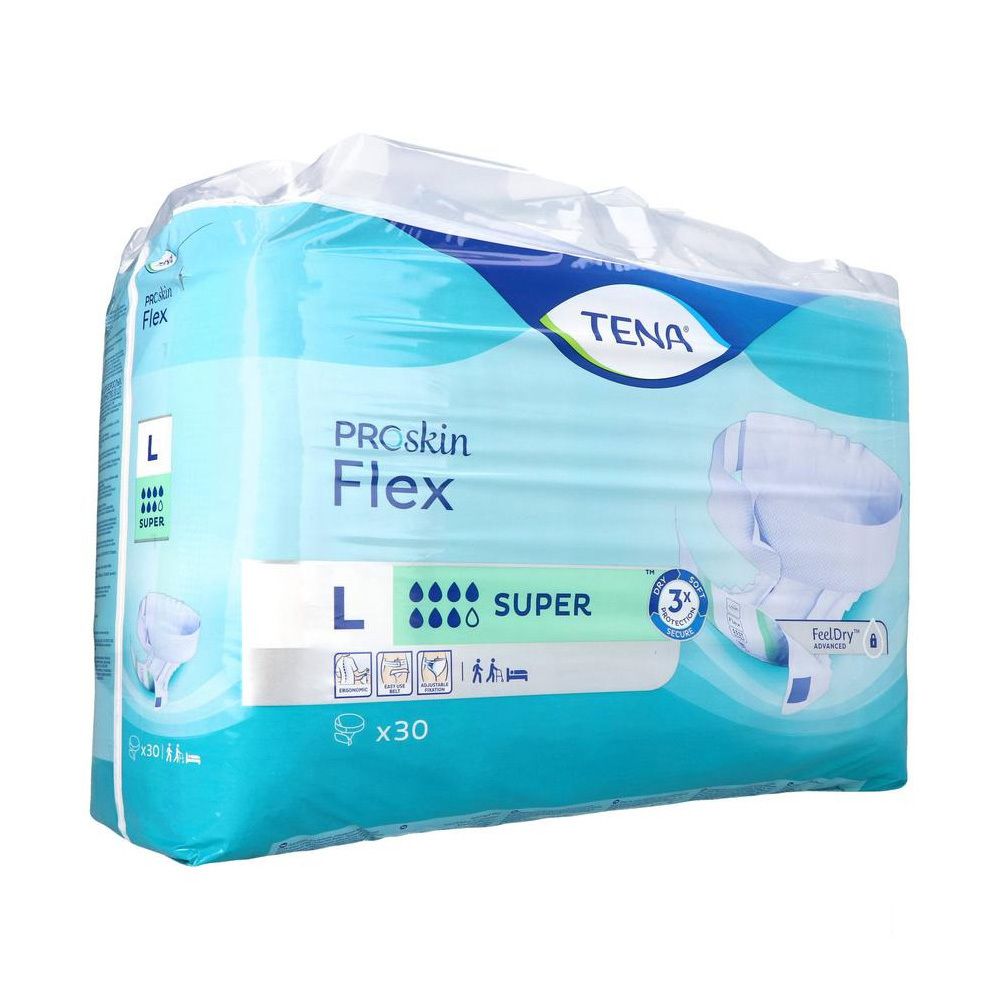 Paquet de TENA ProSkin Flex Maxi Large. Bleu et blanc, avec nom du produit, taille L et absorption Super. Contient 30 unités.