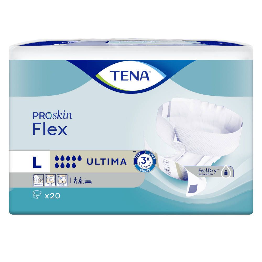 Paquet de TENA ProSkin Flex Ultima Gr. L, x20. Produit et emballage avec logo et informations produit.