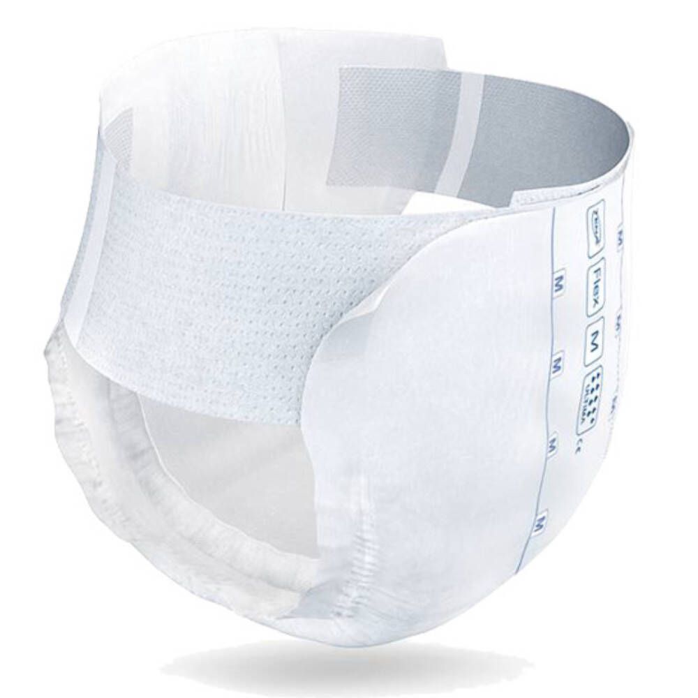 Protection d'incontinence blanche TENA ProSkin Flex. Caractéristiques visibles : bordures, bandes adhésives et structure interne.