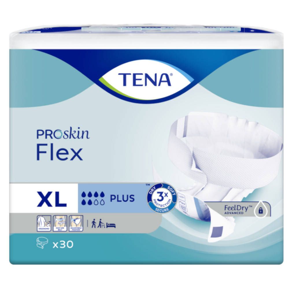 Paquet TENA ProSkin Flex XL Plus. Nom du produit, taille et caractéristiques comme '3x Secure' et 'FeelDry' visibles.