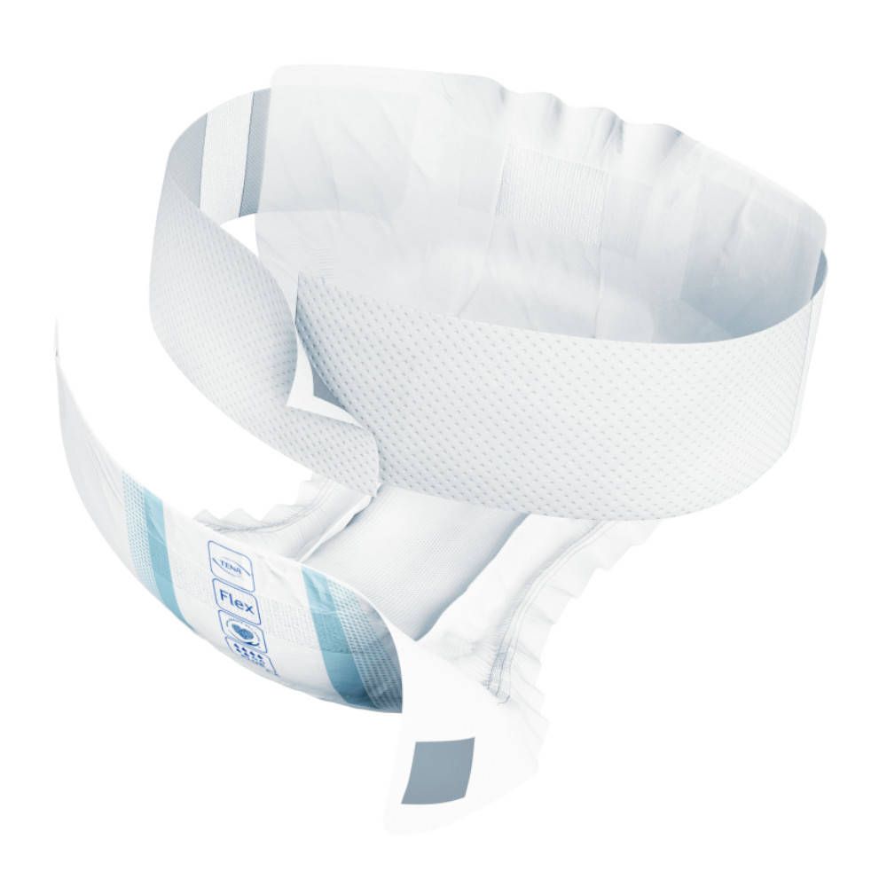 Culotte d'incontinence TENA ProSkin Flex ouverte. Blanche avec des accents bleus. Montre la forme et le design.