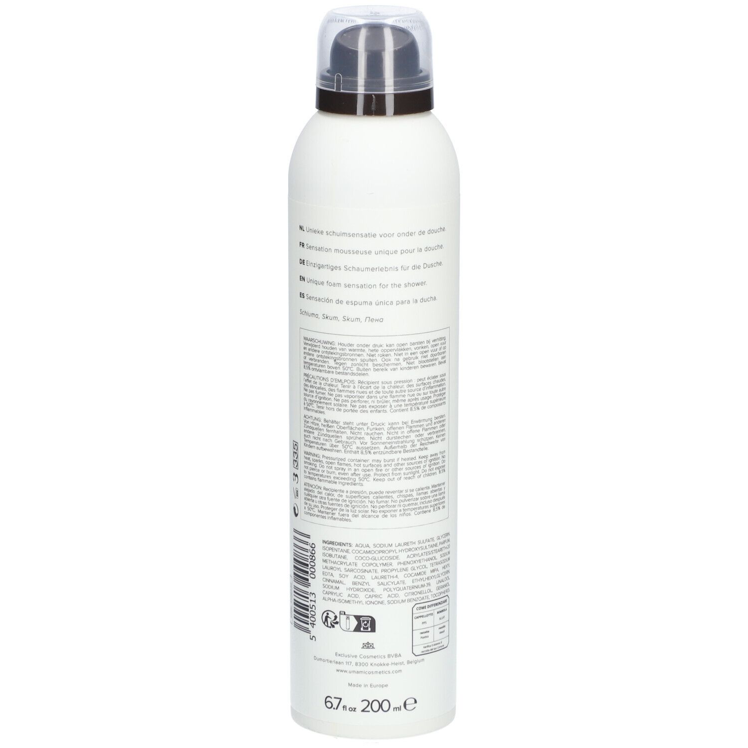 Weiße Flasche, Rückansicht. Text in mehreren Sprachen. Aufschrift: UMAMI, SWEET SPICES, Vanille & Safran. Schaum-Duschgel.