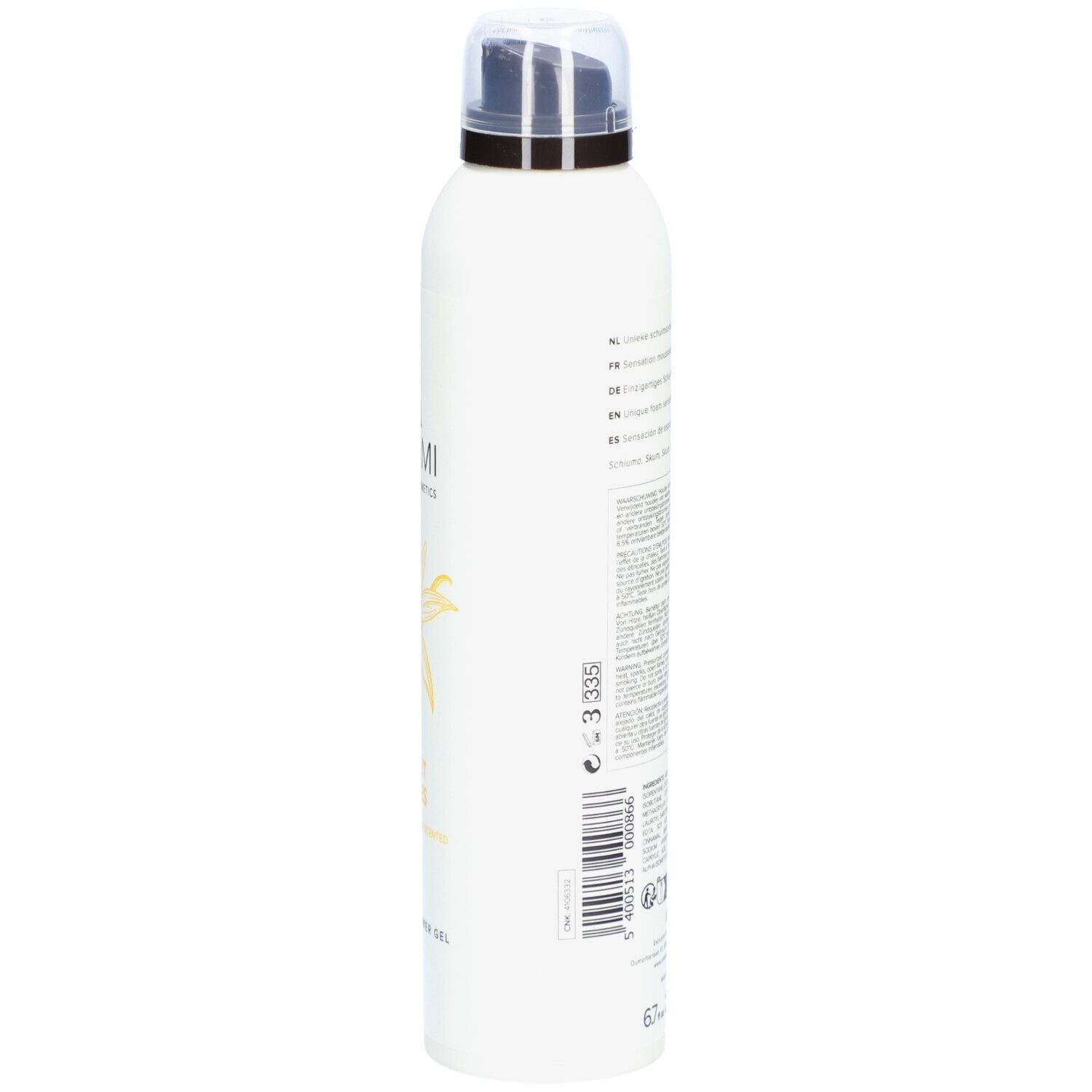 Weiße Flasche, seitliche Ansicht. Aufschrift: UMAMI, SWEET SPICES, Vanille & Safran. Schaum-Duschgel. Barcode.