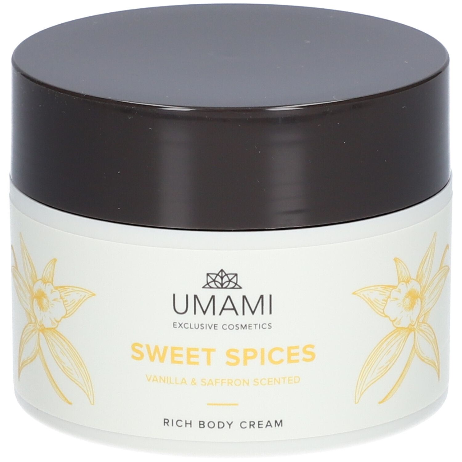 Cremebehälter mit braunem Deckel. Aufschrift: UMAMI, Sweet Spices, Vanille & Safran. Reichhaltige Körpercreme. Mit floralem Design.