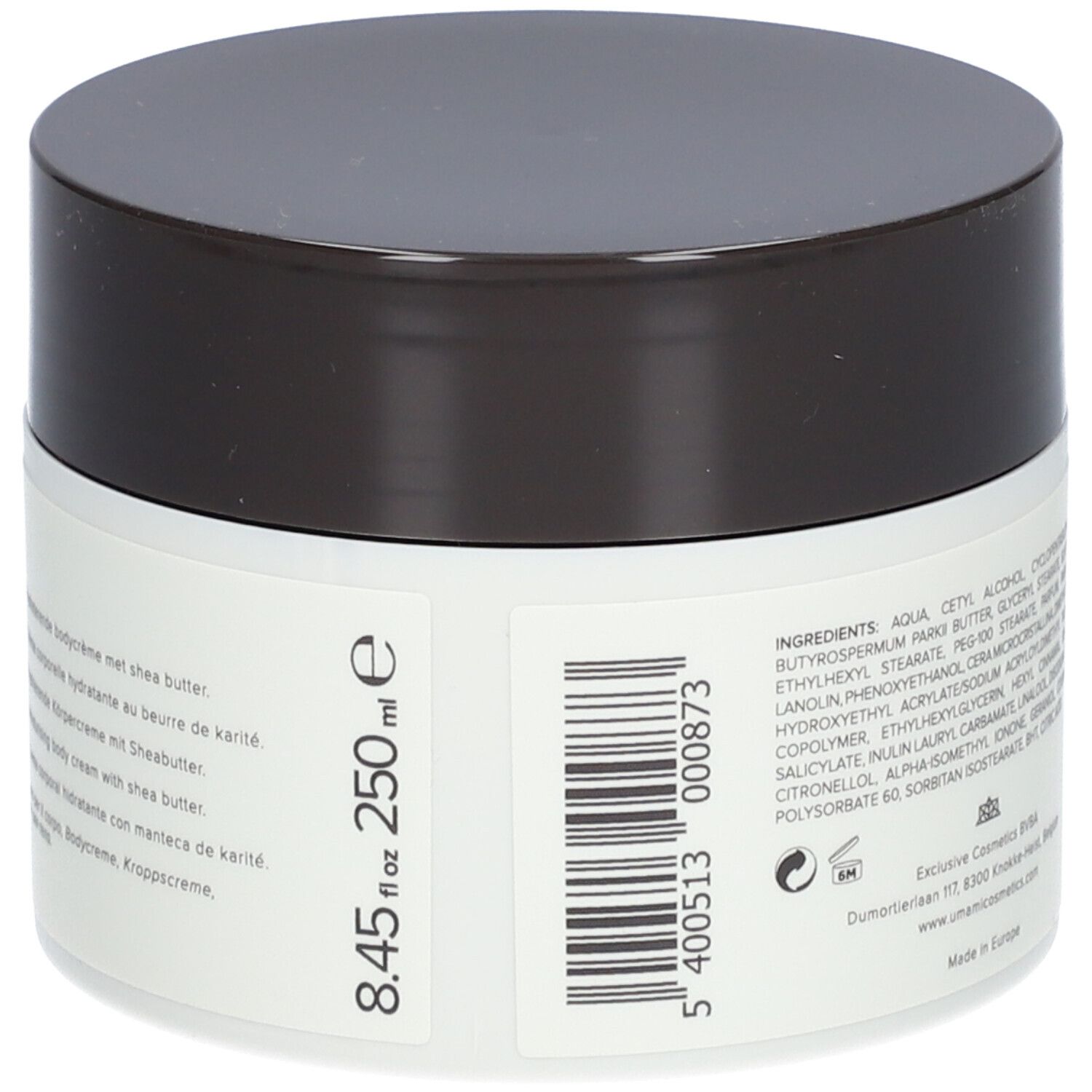 Cremebehälter mit braunem Deckel. Aufschrift: 8.45 fl oz 250 ml e. Barcode. Enthält Inhaltsstoffe und Herstellerinformationen.