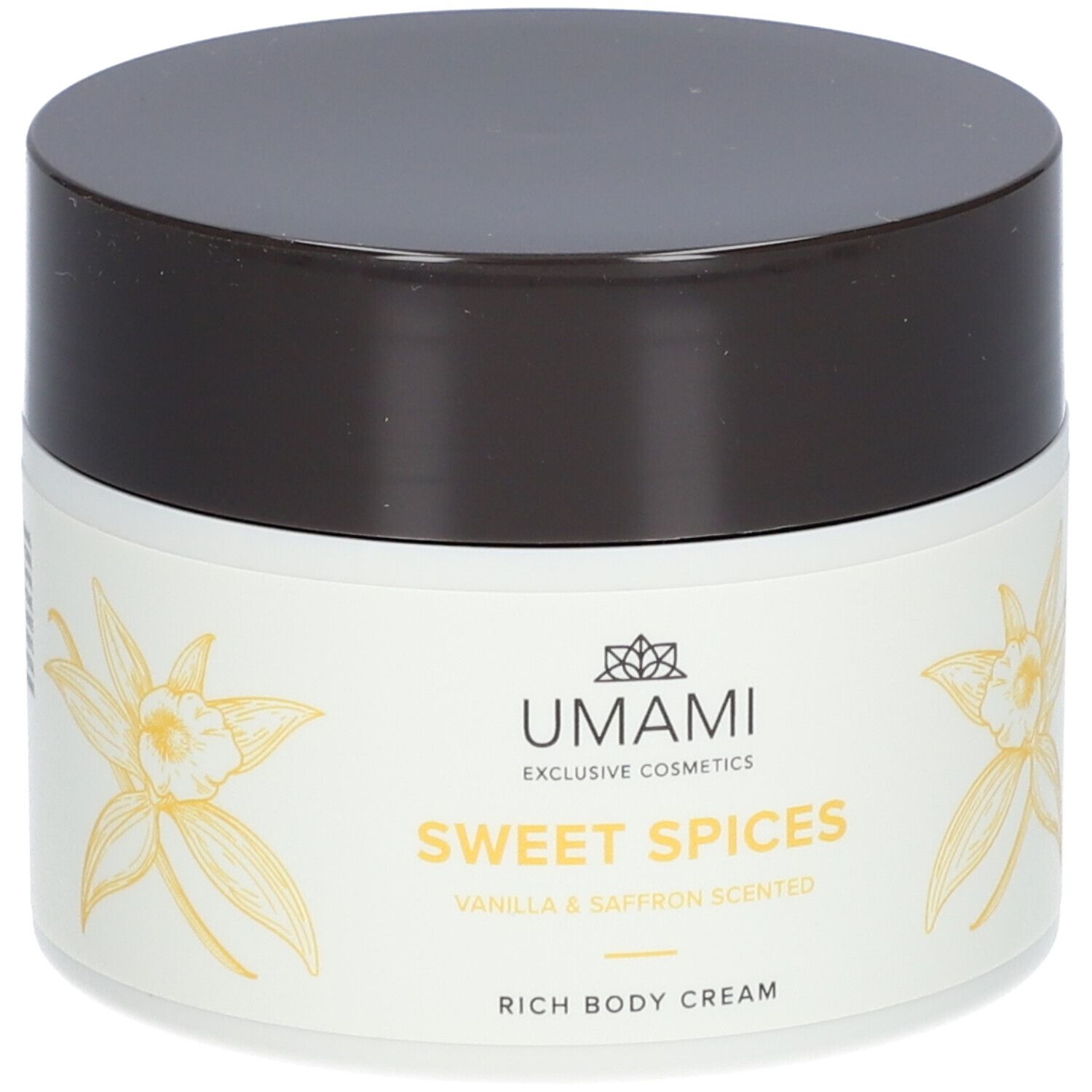 Cremebehälter mit braunem Deckel. Aufschrift: UMAMI, Sweet Spices, Vanille & Safran. Reichhaltige Körpercreme. Mit floralem Design.