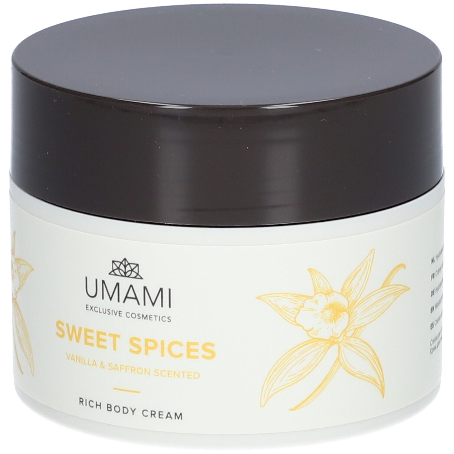 Cremebehälter mit braunem Deckel. Aufschrift: UMAMI, Sweet Spices, Vanille & Safran. Reichhaltige Körpercreme. Mit floralem Design.