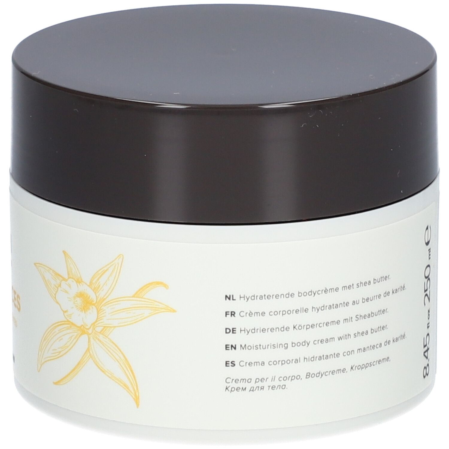 Cremebehälter mit braunem Deckel. Aufschrift: 8.45 fl oz 250 ml e. Text in mehreren Sprachen. Floral-Design.