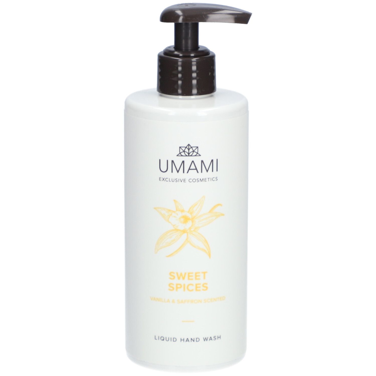 Weißer Spender mit braunem Pumpkopf. Aufschrift: UMAMI, SWEET SPICES, Vanille & Saffran, Flüssighandwäsche. Gelbe Blume.