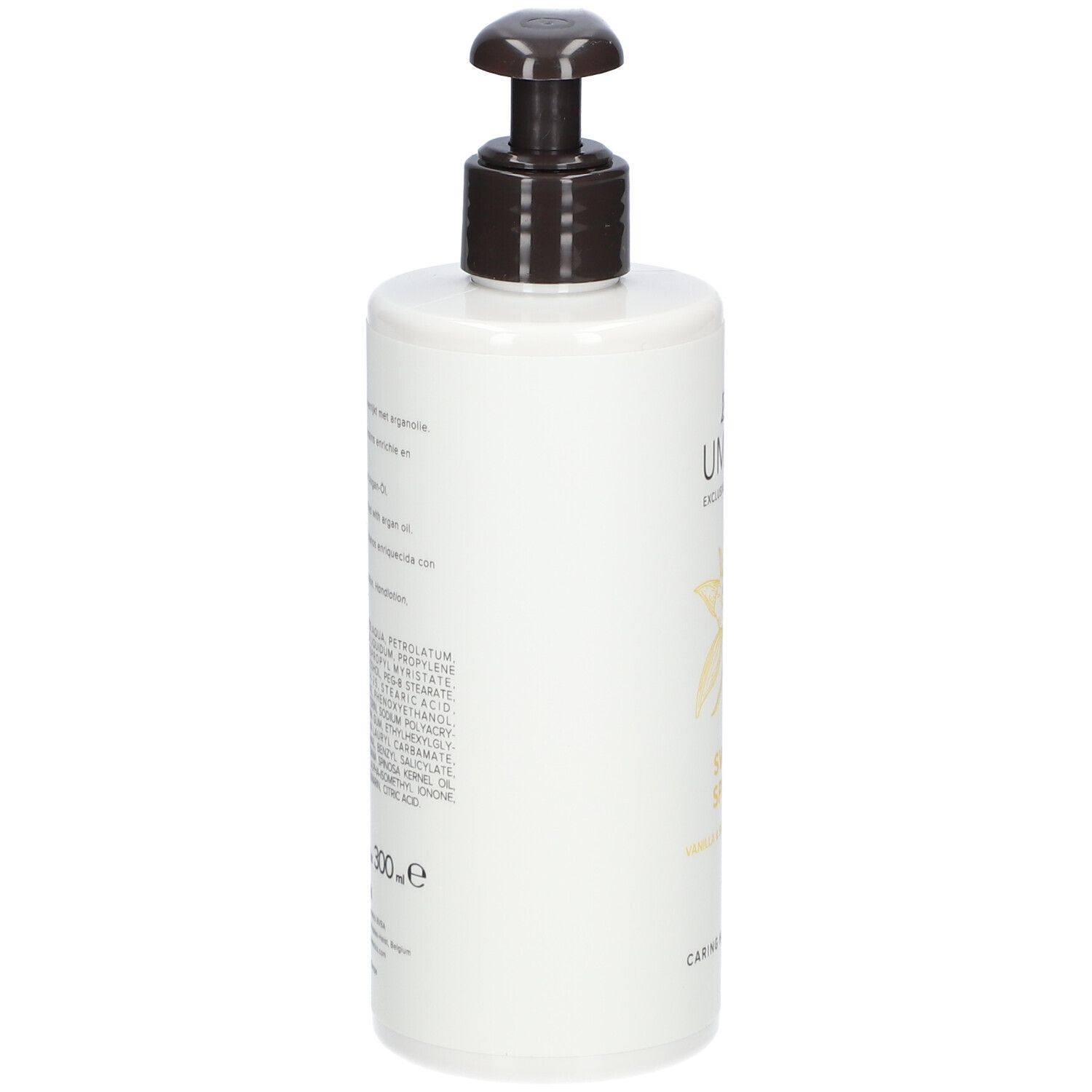 Weiße Flasche mit schwarzem Pumpkopf. Rückseite mit Text und Inhaltsstoffen. Handlotion.