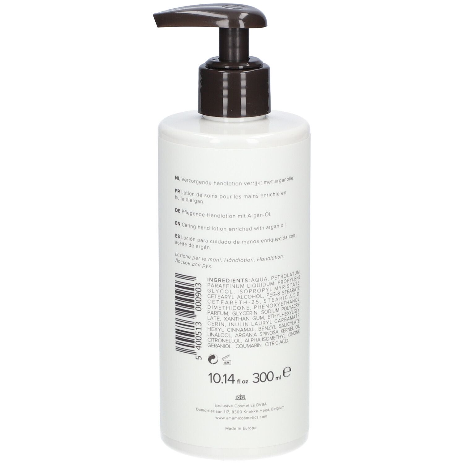 Weiße Flasche mit schwarzem Pumpkopf. Rückseite mit Text und Inhaltsstoffen. Handlotion.