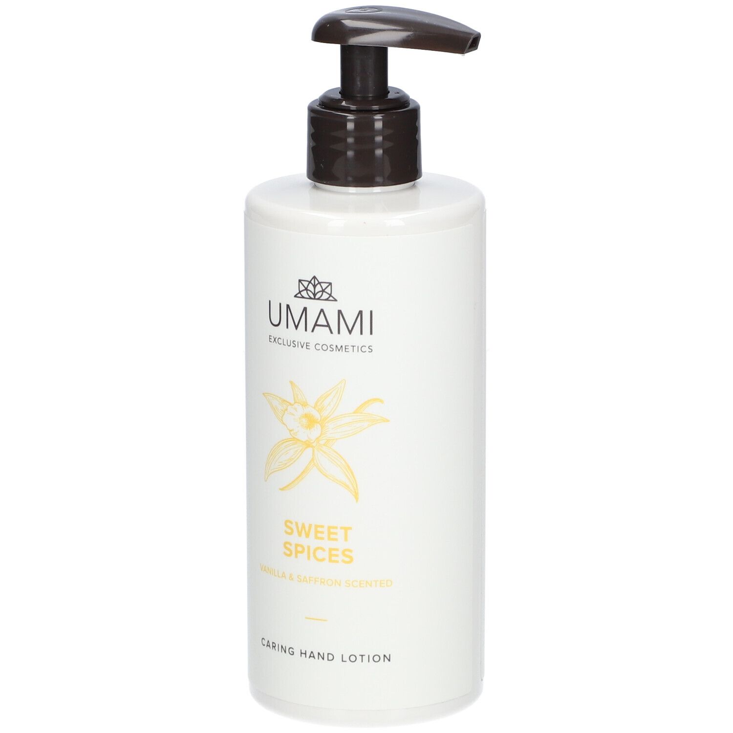 Weiße Flasche mit schwarzem Pumpkopf. Aufschrift: UMAMI, SWEET SPICES, Vanille & Safran. Handlotion.