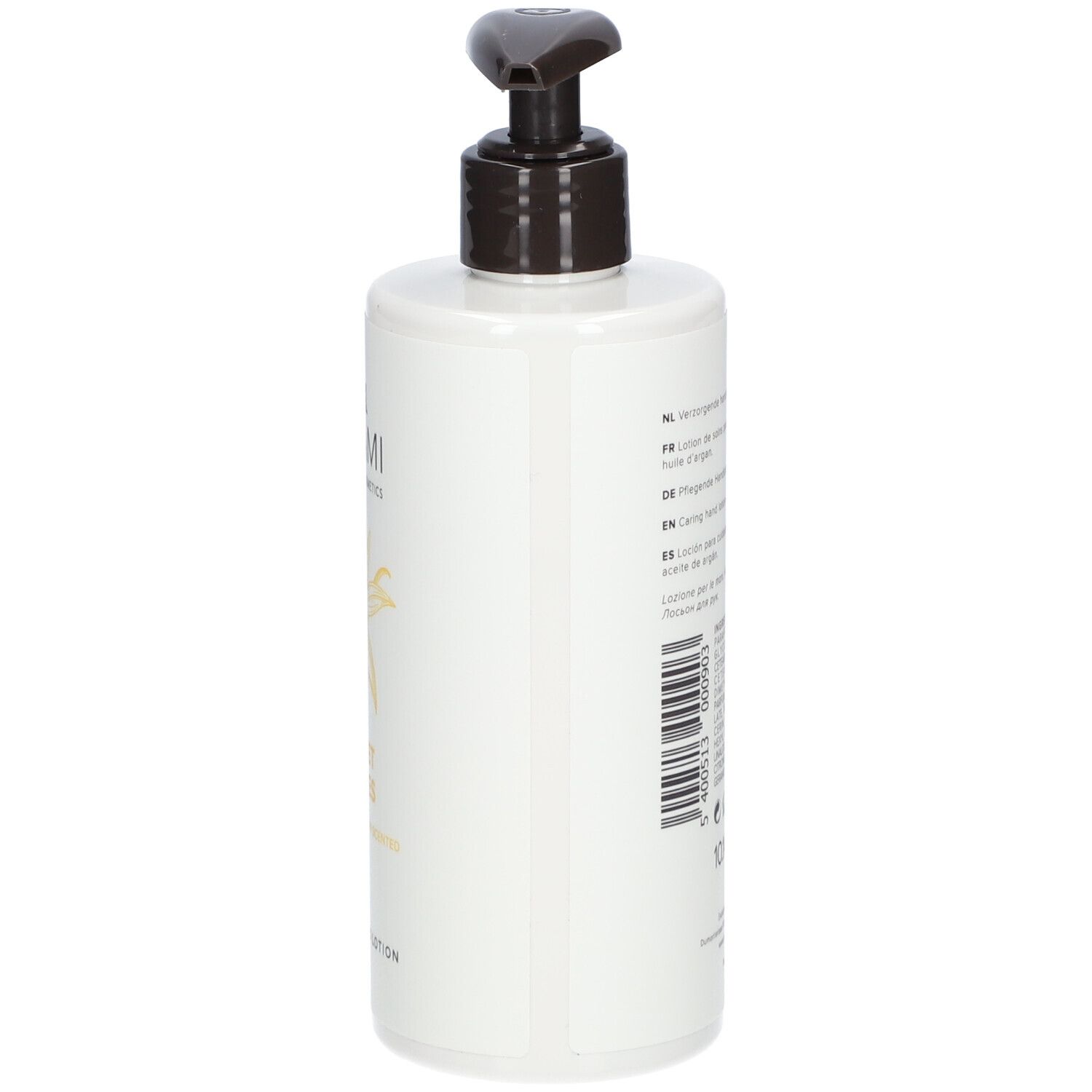 Weiße Flasche mit schwarzem Pumpkopf. Rückseite mit Text und Inhaltsstoffen. Handlotion.