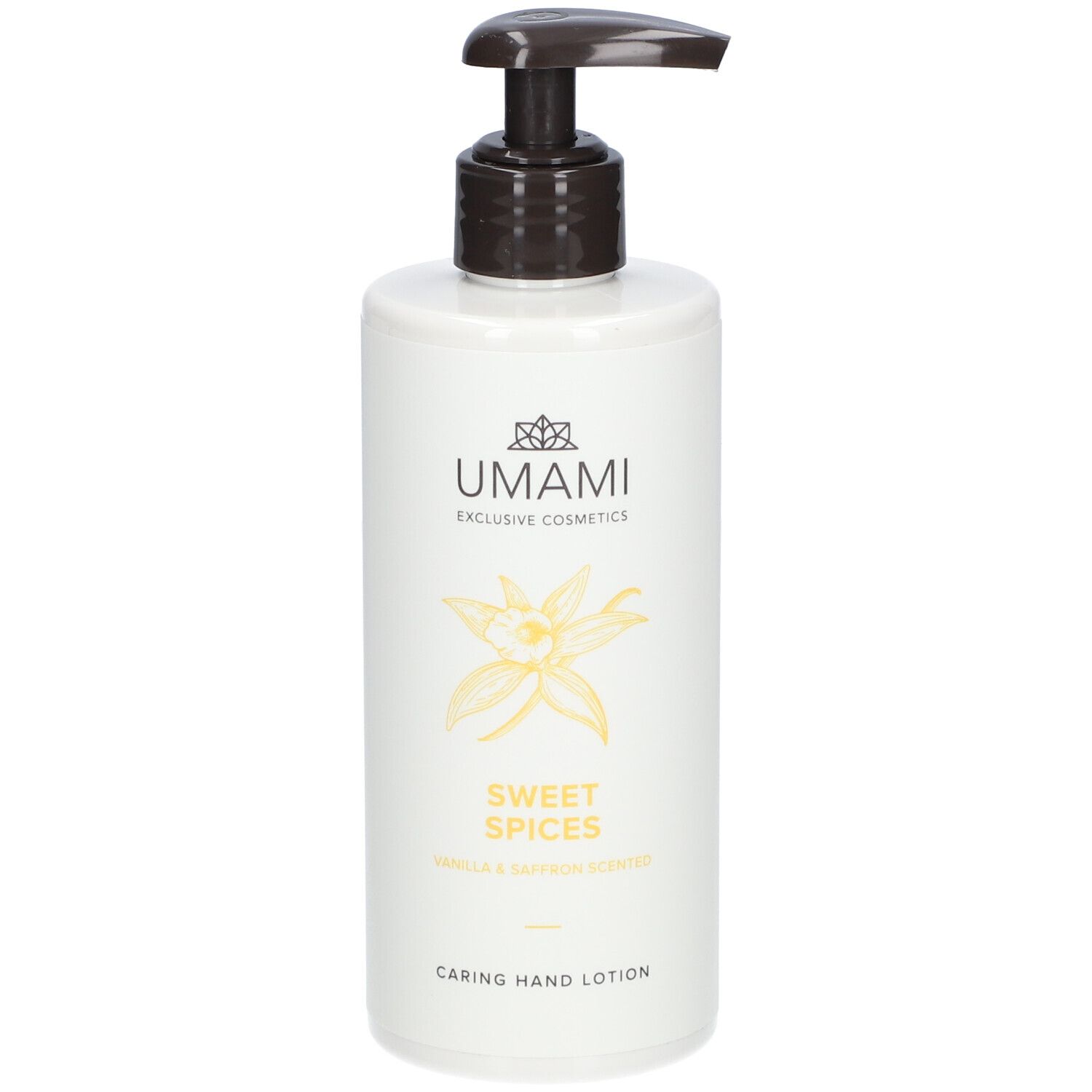 Weiße Flasche mit schwarzem Pumpkopf. Aufschrift: UMAMI, SWEET SPICES, Vanille & Safran. Handlotion.