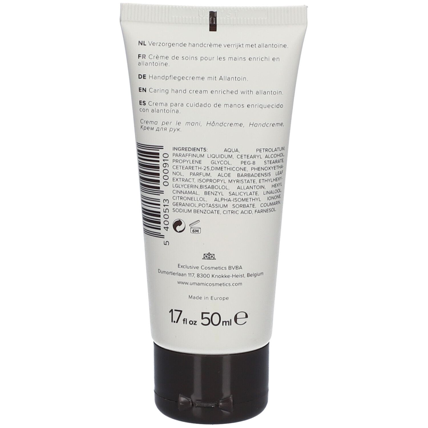 Rückseite der Handcreme-Tube. Text in mehreren Sprachen, Inhaltsstoffe, Herstellerangaben, 50ml.