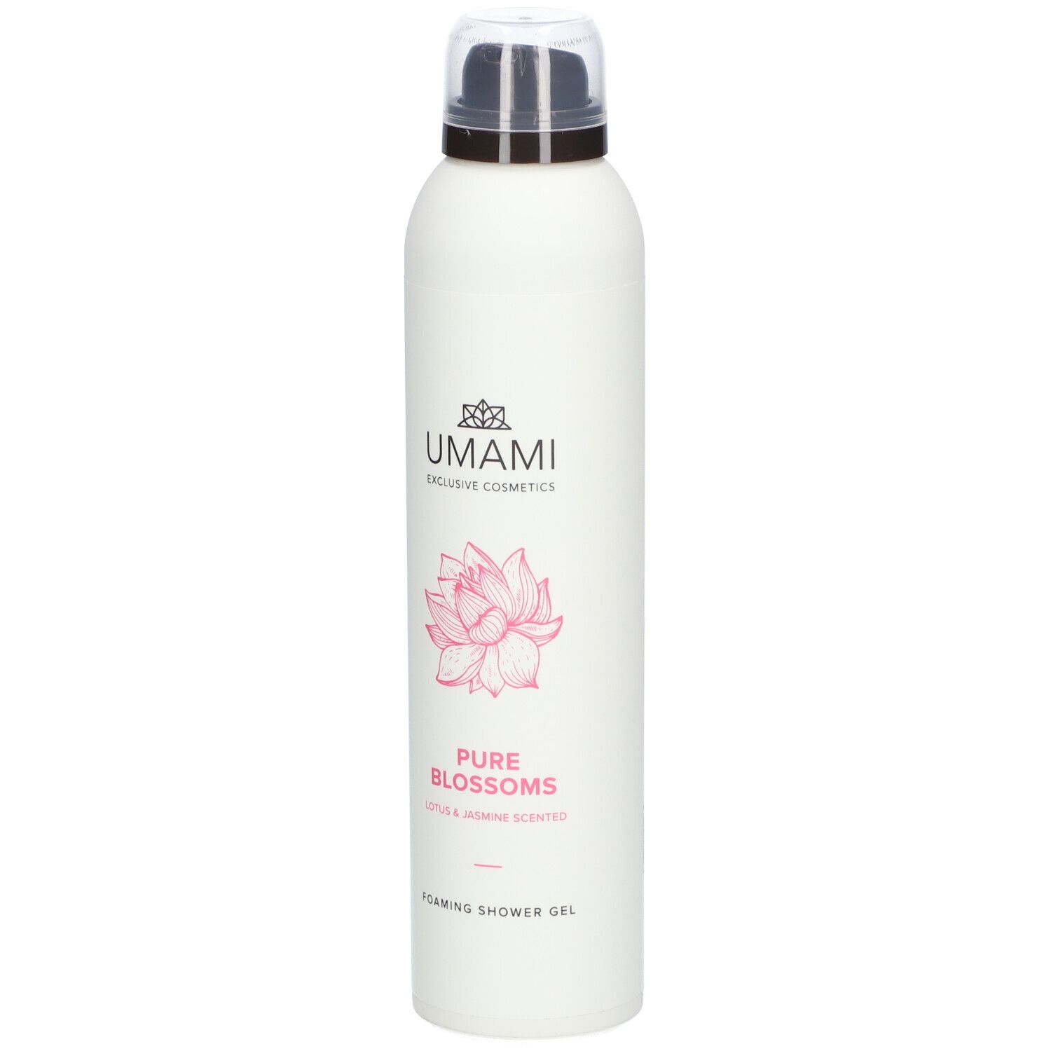 Weißes Duschgel mit Sprühkopf. Aufschrift: UMAMI, Pure Blossoms, Lotus & Jasmin. Rosa Lotusblüte.