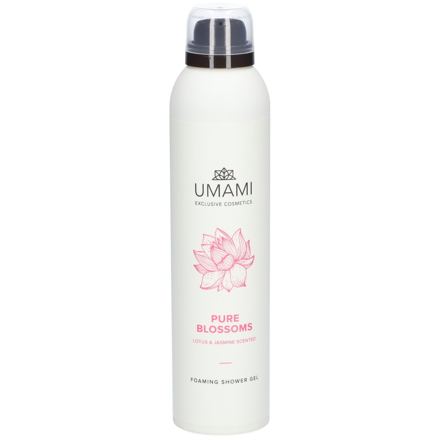 Weißes Duschgel mit Sprühkopf. Aufschrift: UMAMI, Pure Blossoms, Lotus & Jasmin. Rosa Lotusblüte.