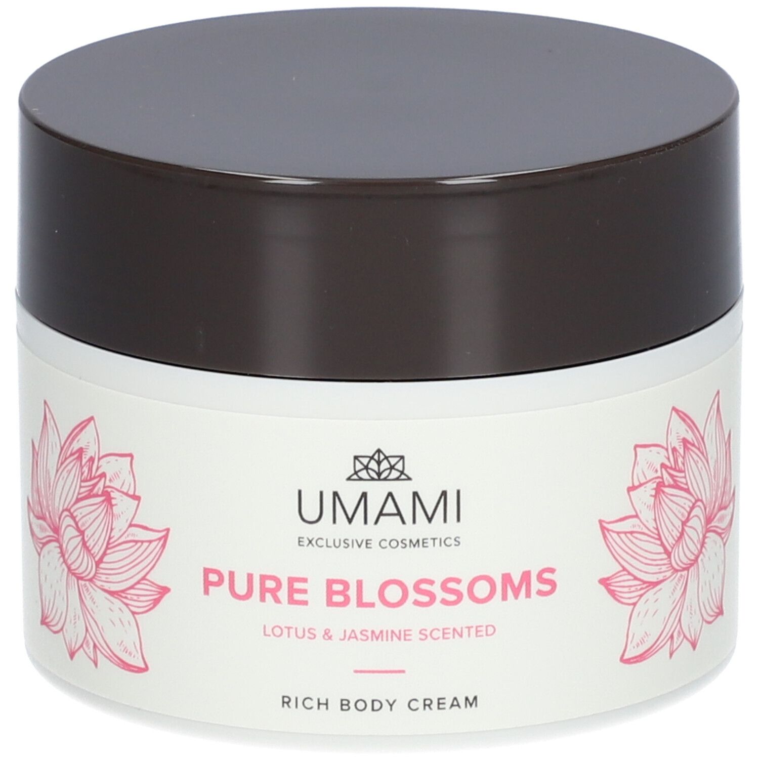 Crèmepot met bruin deksel. Opschrift: UMAMI Pure Blossoms Rich Body Cream. Roze lotusbloem ontwerp.