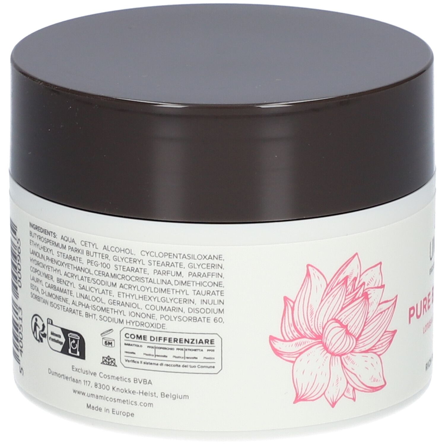 Achterkant van de crèmepot. Bevat ingrediënten, logo's en contactgegevens. Roze lotusbloem ontwerp.