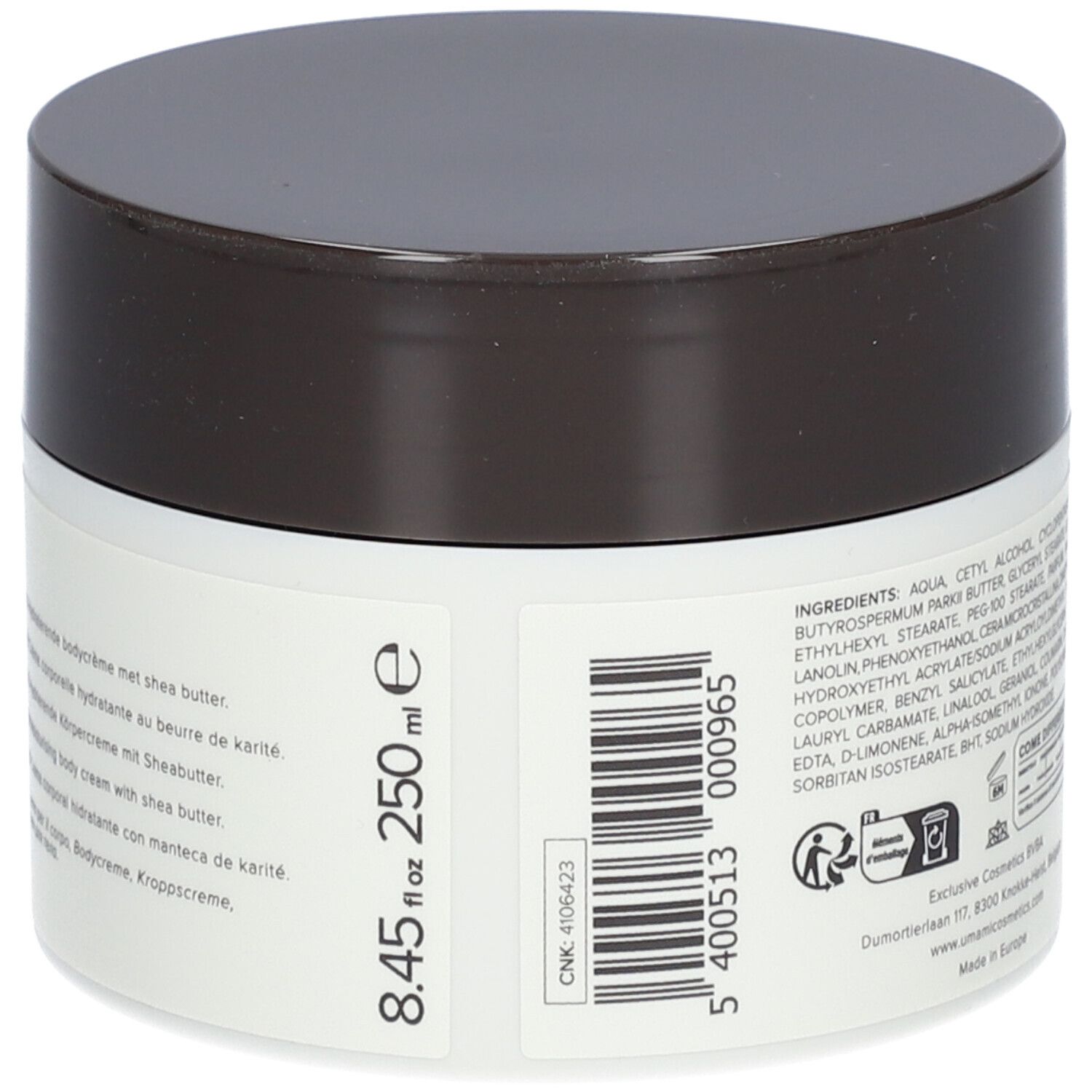 Crèmepot met bruin deksel. Opschrift: 8.45 fl oz 250 ml. Streepjescode en tekst: Hydraterende bodycrème.