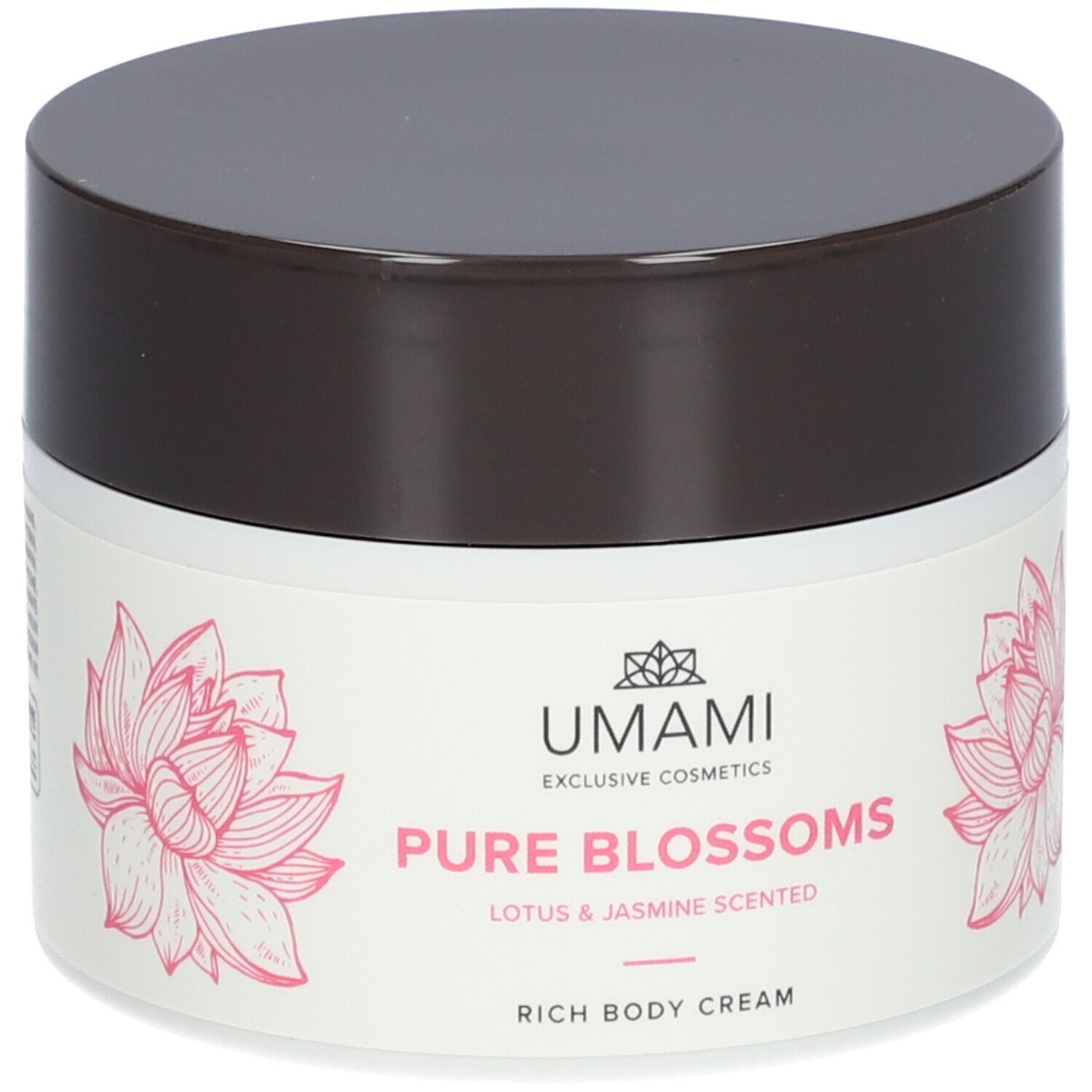 Crèmepot met bruin deksel. Opschrift: UMAMI Pure Blossoms Rich Body Cream. Roze lotusbloem ontwerp.