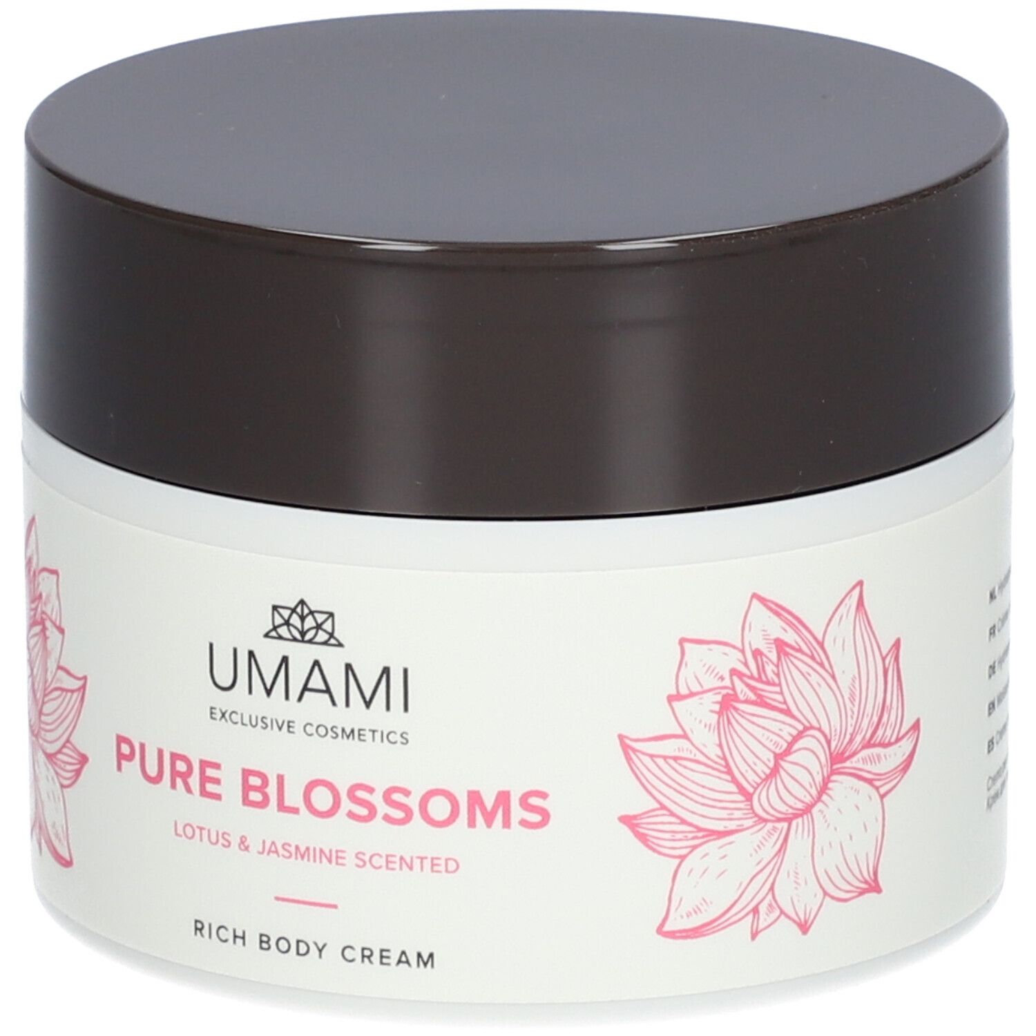 Crèmepot met bruin deksel. Opschrift: UMAMI Pure Blossoms Rich Body Cream. Roze lotusbloem ontwerp.